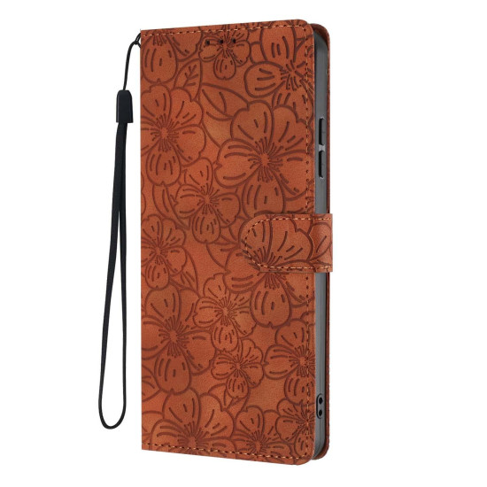 For Samsung Galaxy S24+ 5G Cherry Blossoms Embossed Leather Phone Case(Brown)