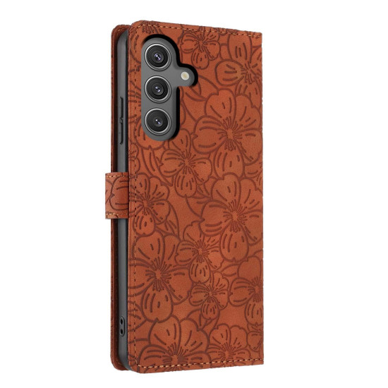 For Samsung Galaxy S24+ 5G Cherry Blossoms Embossed Leather Phone Case(Brown)