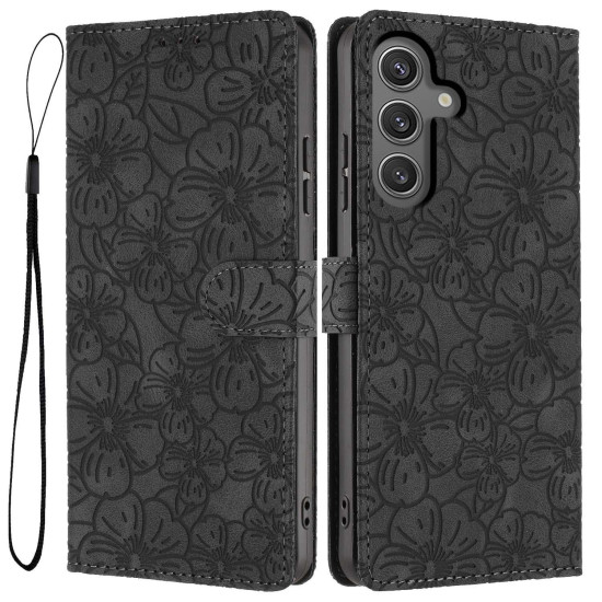 For Samsung Galaxy S24+ 5G Cherry Blossoms Embossed Leather Phone Case(Black)