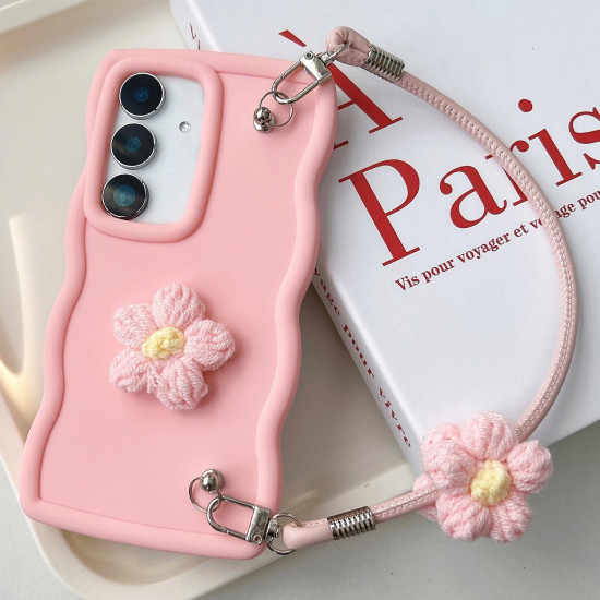 For Samsung Galaxy S24+ 5G Plush Flower Wavy TPU Phone Case with Lanyard(Pink)