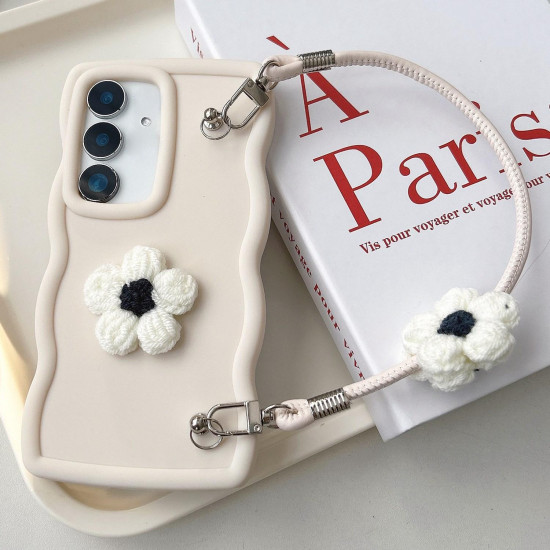For Samsung Galaxy S24+ 5G Plush Flower Wavy TPU Phone Case with Lanyard(White)