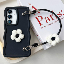 For Samsung Galaxy S24+ 5G Plush Flower Wavy TPU Phone Case with Lanyard(Black)