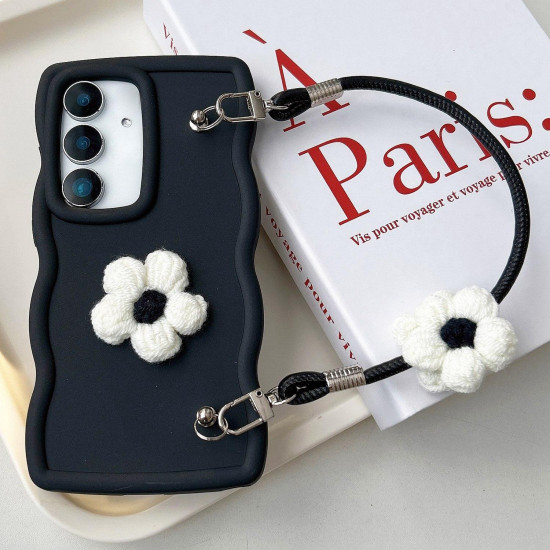 For Samsung Galaxy S24+ 5G Plush Flower Wavy TPU Phone Case with Lanyard(Black)