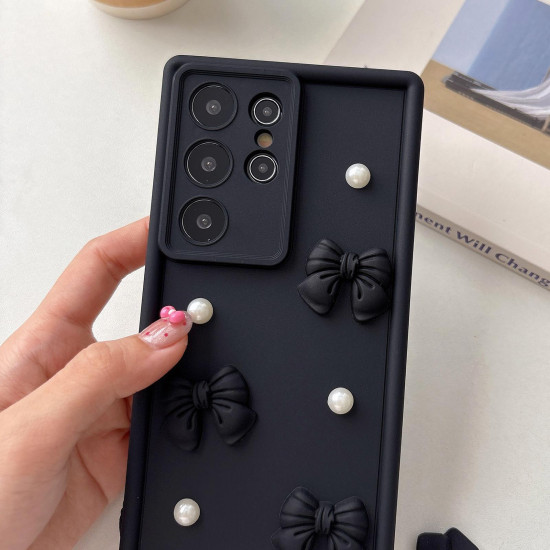 For Samsung Galaxy S24+ 5G Soft Silicone 3D Bowknot Pearl Phone Case with Beaded Wrist Strap(Coffee)