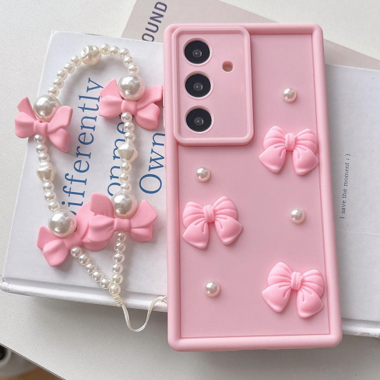For Samsung Galaxy S24+ 5G Soft Silicone 3D Bowknot Pearl Phone Case with Beaded Wrist Strap(Pink)