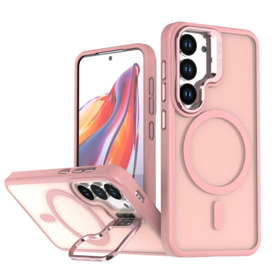 For Samsung Galaxy S23 5G Bright Color Frosted Skin-feel Camera Bracket Magsafe Phone Case(Pink)