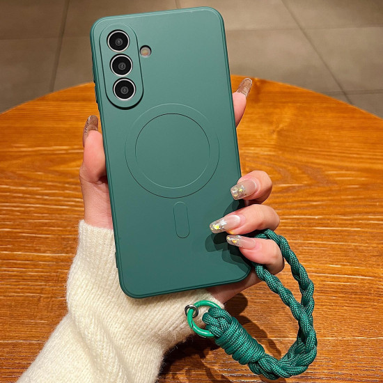 For Samsung Galaxy S24+ 5G Solid Color Liquid Silicone Magnetic Phone Case with Lanyard(Dark Green)