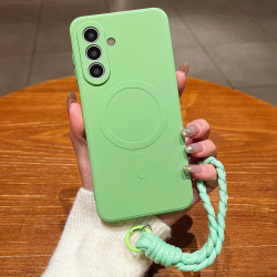 For Samsung Galaxy S24+ 5G Solid Color Liquid Silicone Magnetic Phone Case with Lanyard(Matcha Green)