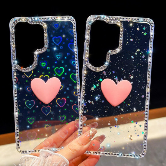 For Samsung Galaxy S24+ 5G Flash Rhinestone Double-sided IMD Love Heart Phone Case(Glitter Yellow)