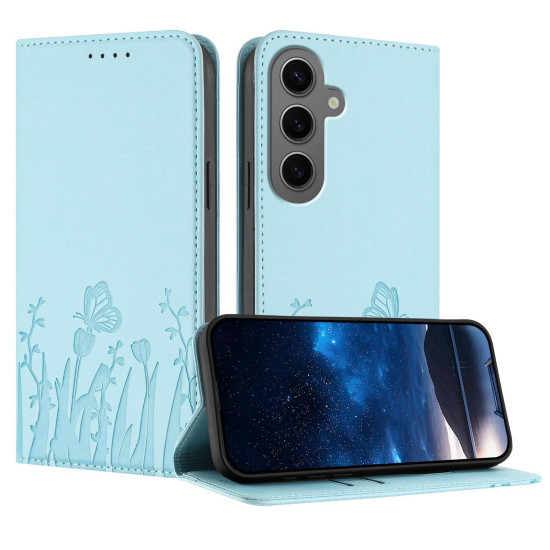 For Samsung Galaxy S24+ 5G Tulips Butterfly Pattern Magnetic Vegan Leather Phone Case(Light Blue)