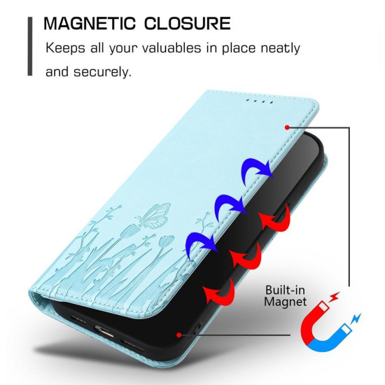 For Samsung Galaxy S24+ 5G Tulips Butterfly Pattern Magnetic Vegan Leather Phone Case(Light Blue)