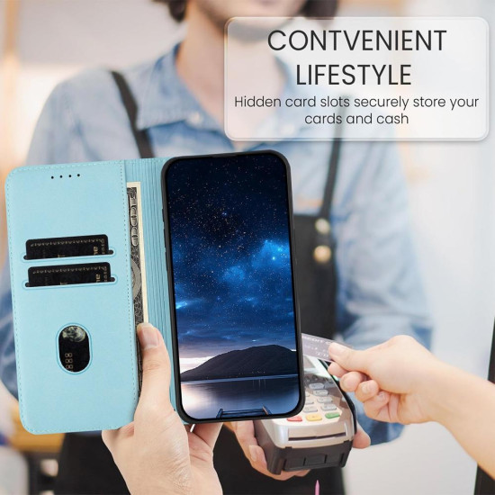 For Samsung Galaxy S24+ 5G Tulips Butterfly Pattern Magnetic Vegan Leather Phone Case(Light Blue)
