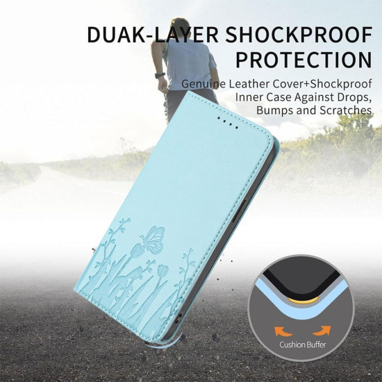 For Samsung Galaxy S24+ 5G Tulips Butterfly Pattern Magnetic Vegan Leather Phone Case(Light Blue)