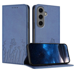 For Samsung Galaxy S24+ 5G Tulips Butterfly Pattern Magnetic Vegan Leather Phone Case(Royal Blue)