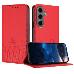 For Samsung Galaxy S24+ 5G Tulips Butterfly Pattern Magnetic Vegan Leather Phone Case(Red)