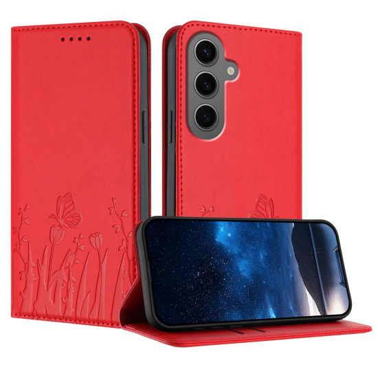 For Samsung Galaxy S24+ 5G Tulips Butterfly Pattern Magnetic Vegan Leather Phone Case(Red)