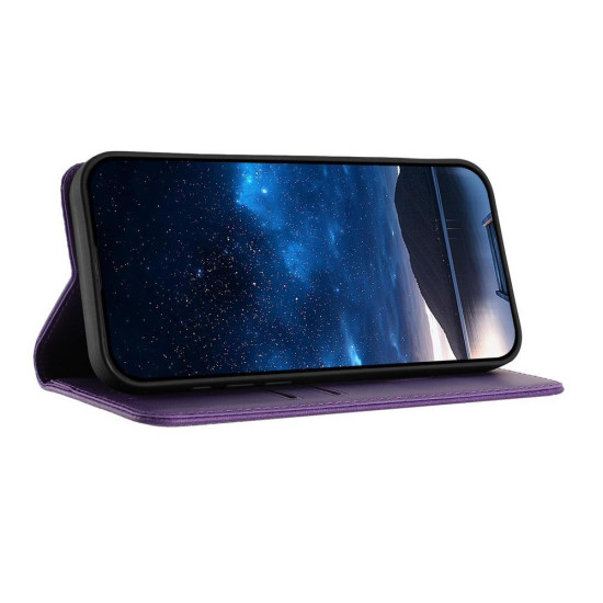 For Samsung Galaxy S24+ 5G Tulips Butterfly Pattern Magnetic Vegan Leather Phone Case(Dark Purple)