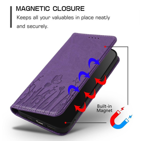 For Samsung Galaxy S24+ 5G Tulips Butterfly Pattern Magnetic Vegan Leather Phone Case(Dark Purple)