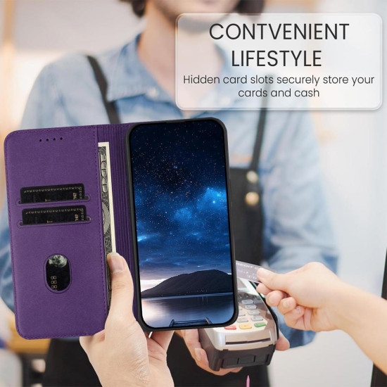 For Samsung Galaxy S24+ 5G Tulips Butterfly Pattern Magnetic Vegan Leather Phone Case(Dark Purple)