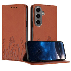 For Samsung Galaxy S24+ 5G Tulips Butterfly Pattern Magnetic Vegan Leather Phone Case(Coffee)