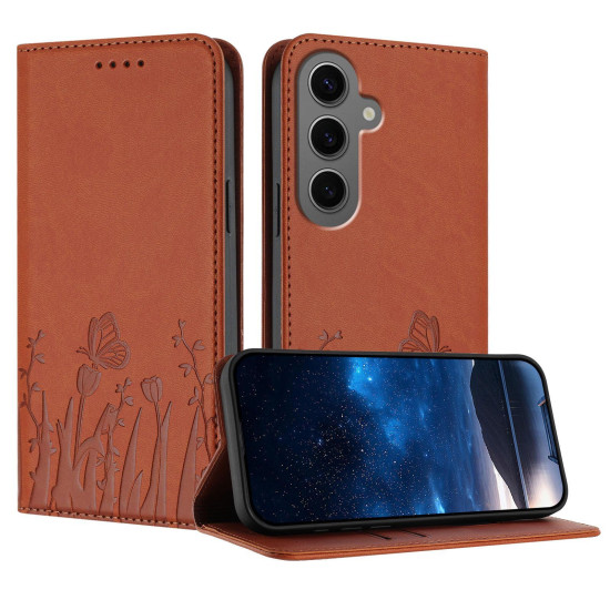 For Samsung Galaxy S24+ 5G Tulips Butterfly Pattern Magnetic Vegan Leather Phone Case(Coffee)