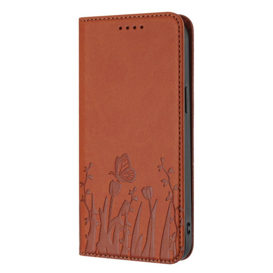 For Samsung Galaxy S24+ 5G Tulips Butterfly Pattern Magnetic Vegan Leather Phone Case(Coffee)