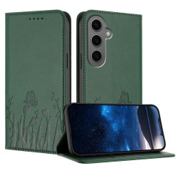 For Samsung Galaxy S24+ 5G Tulips Butterfly Pattern Magnetic Vegan Leather Phone Case(Dark Green)