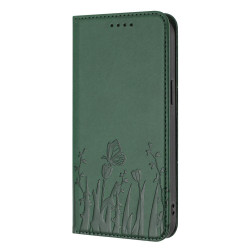 For Samsung Galaxy S24+ 5G Tulips Butterfly Pattern Magnetic Vegan Leather Phone Case(Dark Green)