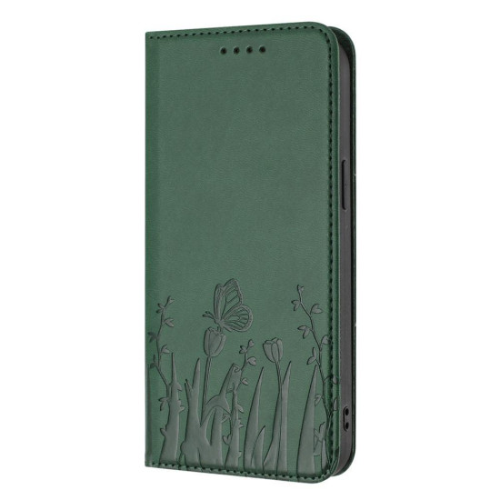 For Samsung Galaxy S24+ 5G Tulips Butterfly Pattern Magnetic Vegan Leather Phone Case(Dark Green)