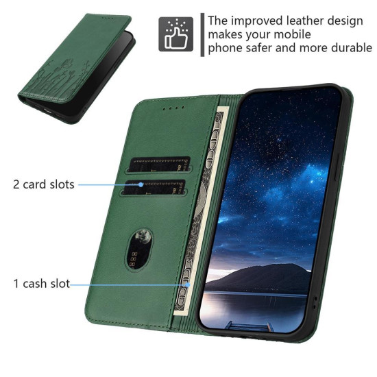 For Samsung Galaxy S24+ 5G Tulips Butterfly Pattern Magnetic Vegan Leather Phone Case(Dark Green)