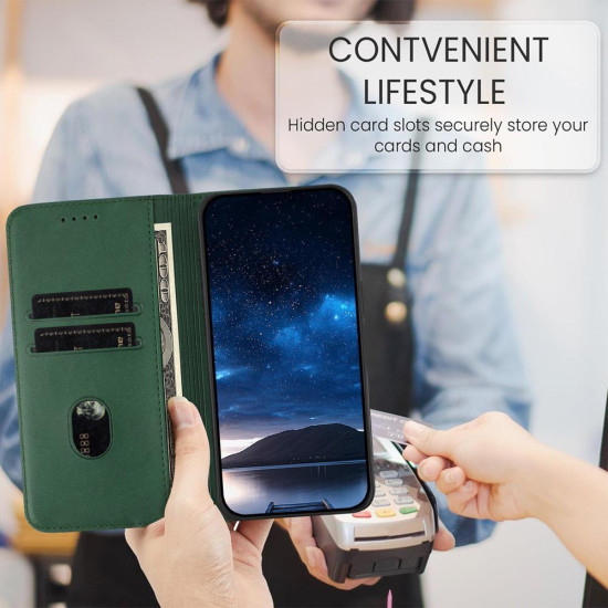 For Samsung Galaxy S24+ 5G Tulips Butterfly Pattern Magnetic Vegan Leather Phone Case(Dark Green)