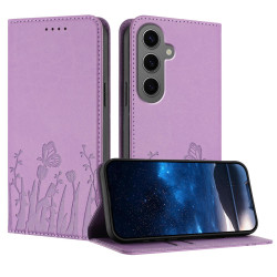 For Samsung Galaxy S24+ 5G Tulips Butterfly Pattern Magnetic Vegan Leather Phone Case(Light Purple)
