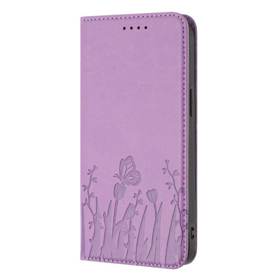For Samsung Galaxy S24+ 5G Tulips Butterfly Pattern Magnetic Vegan Leather Phone Case(Light Purple)