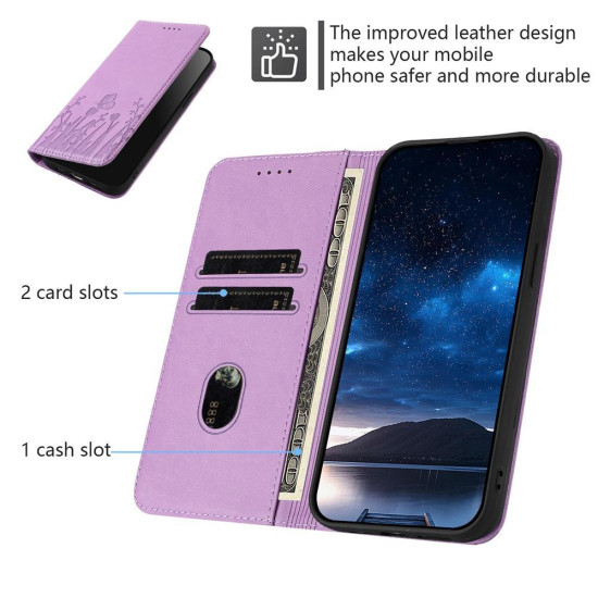For Samsung Galaxy S24+ 5G Tulips Butterfly Pattern Magnetic Vegan Leather Phone Case(Light Purple)