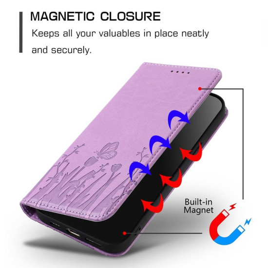 For Samsung Galaxy S24+ 5G Tulips Butterfly Pattern Magnetic Vegan Leather Phone Case(Light Purple)