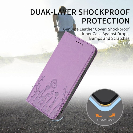 For Samsung Galaxy S24+ 5G Tulips Butterfly Pattern Magnetic Vegan Leather Phone Case(Light Purple)