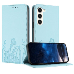 For Samsung Galaxy S23+ 5G Tulips Butterfly Pattern Magnetic Vegan Leather Phone Case(Light Blue)