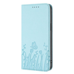 For Samsung Galaxy S23+ 5G Tulips Butterfly Pattern Magnetic Vegan Leather Phone Case(Light Blue)