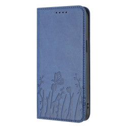 For Samsung Galaxy S23+ 5G Tulips Butterfly Pattern Magnetic Vegan Leather Phone Case(Royal Blue)