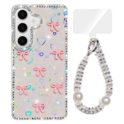For Samsung Galaxy S24+ 5G Sparkling IMD Colorful Bow Phone Case with Bracelet(Love Transparent)