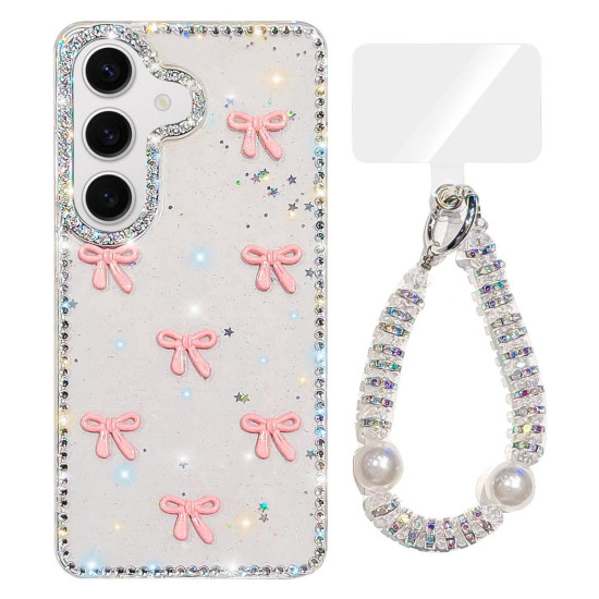 For Samsung Galaxy S24+ 5G Sparkling IMD Colorful Bow Phone Case with Bracelet(Glitter Star)