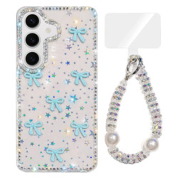 For Samsung Galaxy S24+ 5G Sparkling IMD Colorful Bow Phone Case with Bracelet(Star Transparent)