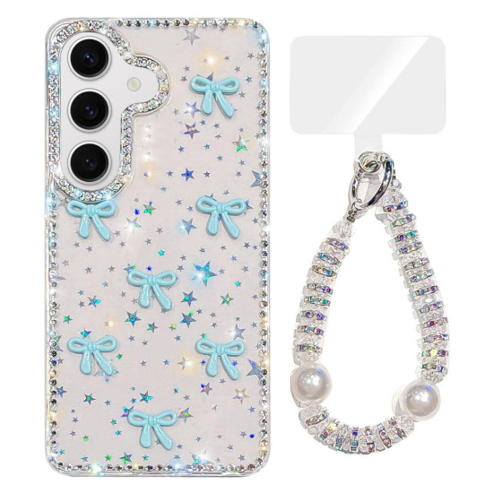 For Samsung Galaxy S24+ 5G Sparkling IMD Colorful Bow Phone Case with Bracelet(Star Transparent)