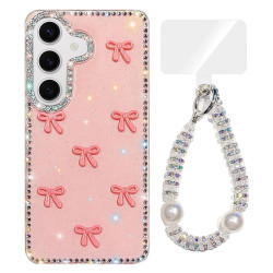 For Samsung Galaxy S24+ 5G Sparkling IMD Colorful Bow Phone Case with Bracelet(Glitter Light Pink)