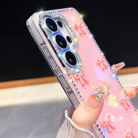 For Samsung Galaxy S24+ 5G Sparkling IMD Colorful Bow Phone Case with Bracelet(Glitter Light Pink)