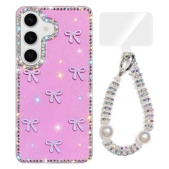 For Samsung Galaxy S24+ 5G Sparkling IMD Colorful Bow Phone Case with Bracelet(Glitter Light Purple)