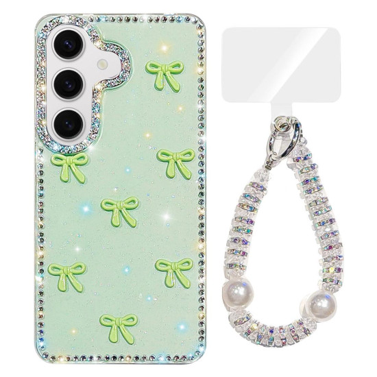 For Samsung Galaxy S24+ 5G Sparkling IMD Colorful Bow Phone Case with Bracelet(Glitter Light Green)