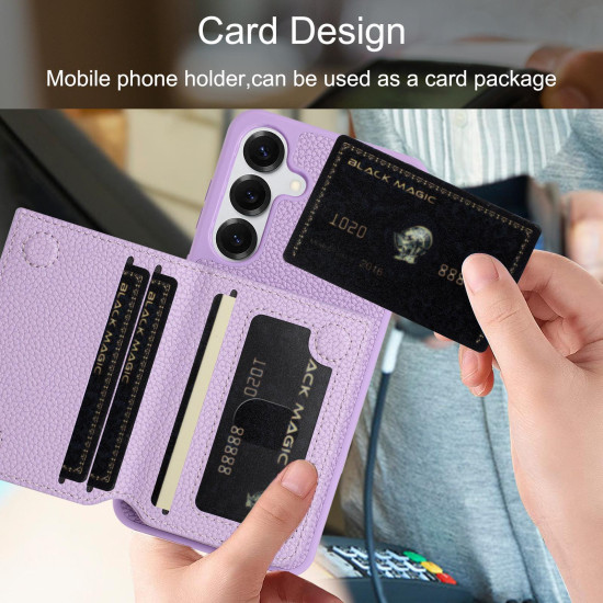 For Samsung Galaxy S24+ 5G Litchi Pattern Magnetic Card Bag Holder Phone Case(Purple)