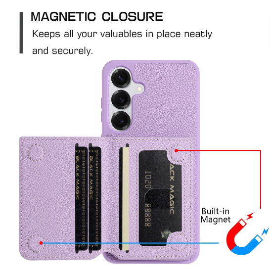 For Samsung Galaxy S24+ 5G Litchi Pattern Magnetic Card Bag Holder Phone Case(Purple)