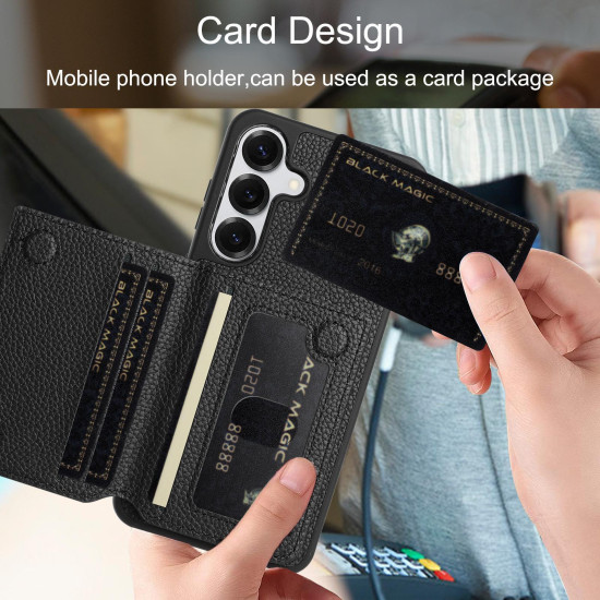 For Samsung Galaxy S24+ 5G Litchi Pattern Magnetic Card Bag Holder Phone Case(Black)